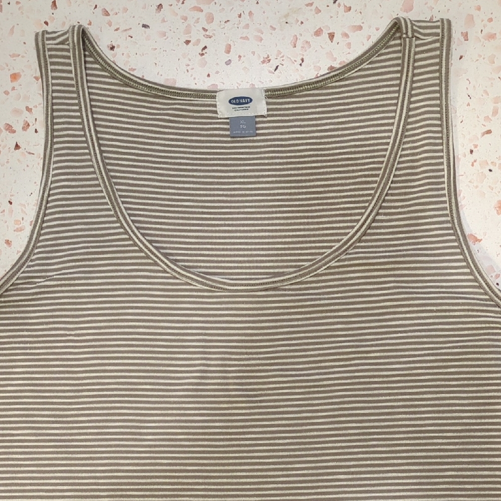Old Navy | Taupe Striped Tank Top White Shirt Tail Rayon Blend | XL